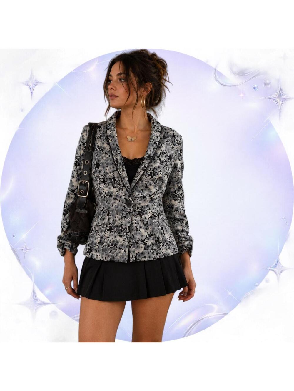 Y2K Wet Seal Black & Gray Floral Ruched Sleeve Blazer Size S